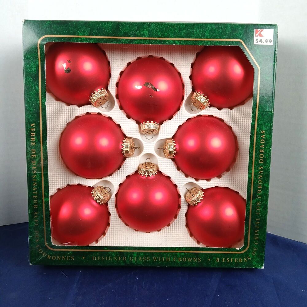 Vintage 8 Christmas Krebs Designer Glass Red Ornaments Gold Crowns Some Damage